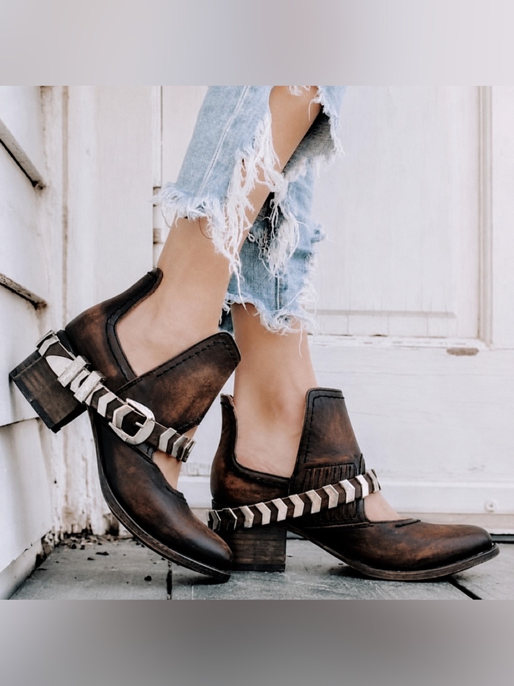 Freebird by Steven Distressed Brown Leather Cutout Heels with Silver Stud Strap